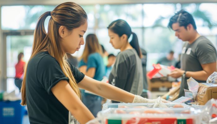 volunteers working together at a local charity event, sorting donations